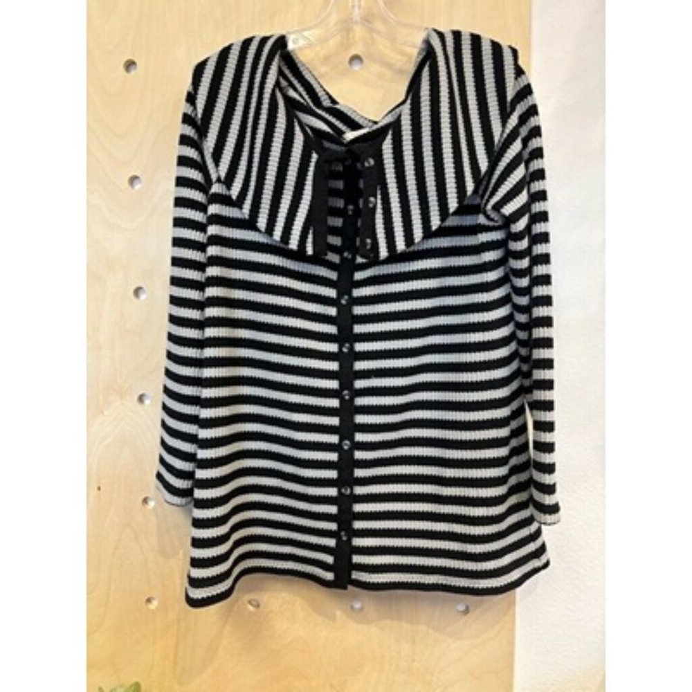 Soft Surroundings Black Raglan Sleeve Wide Collar Striped Button Up Top Size XL
